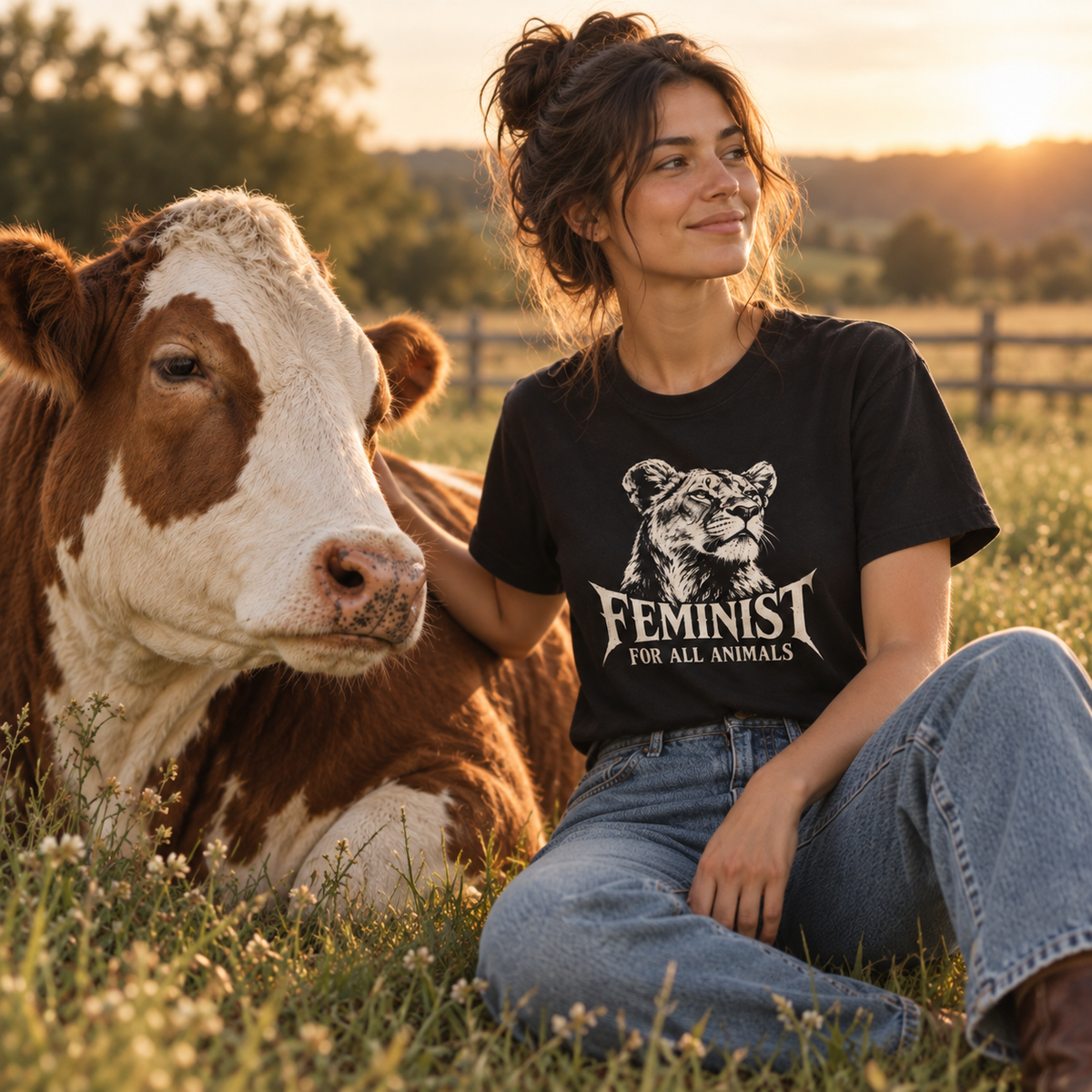 woman wearing a black tshirt with a lioness graphic and text 'feminist for all animals'