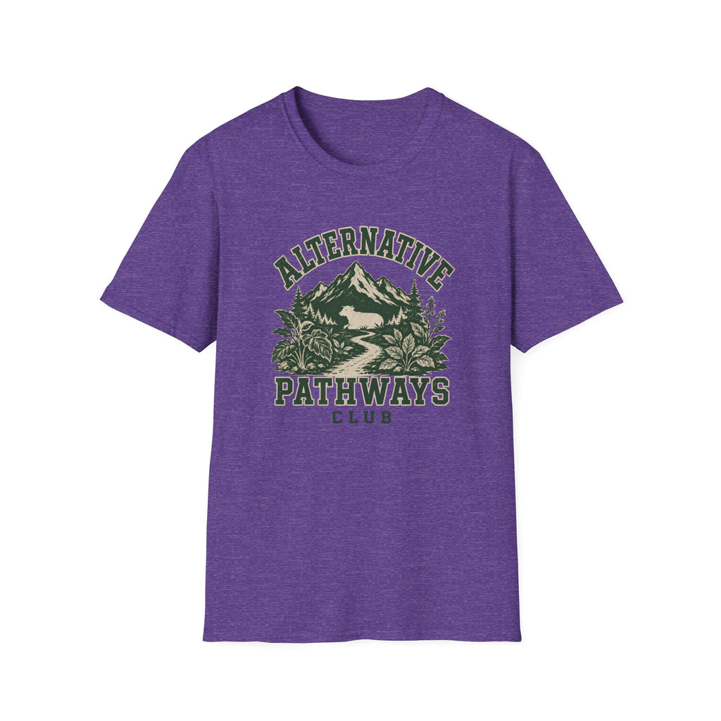 A heather purple short-sleeve t-shirt with a vintage-style green graphic on the chest reading 'ALTERNATIVE PATHWAYS CLUB' around a mountain and forest illustration, shown on a plain white background.