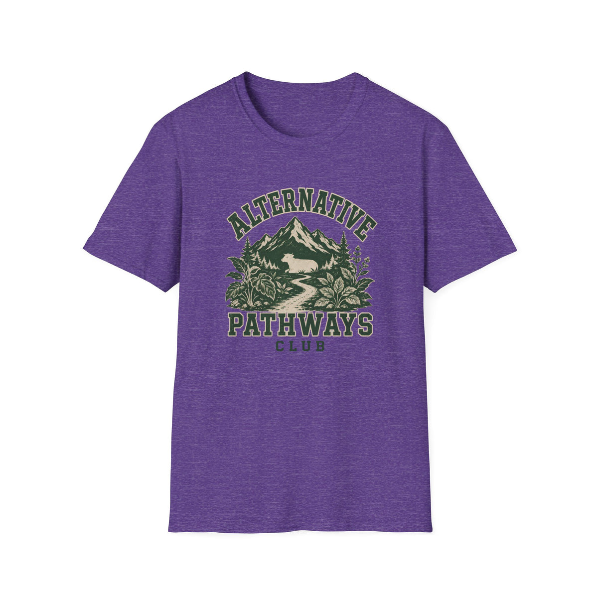 A heather purple short-sleeve t-shirt with a vintage-style green graphic on the chest reading 'ALTERNATIVE PATHWAYS CLUB' around a mountain and forest illustration, shown on a plain white background.