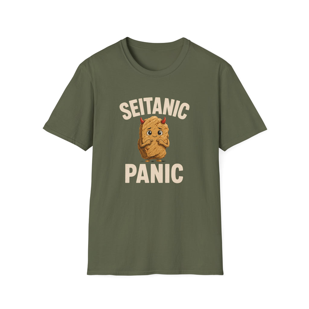 Green t-shirt with 'Seitanic Panic' graphic design on a white background