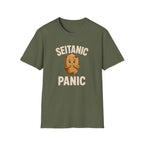 Green t-shirt with 'Seitanic Panic' graphic design on a white background