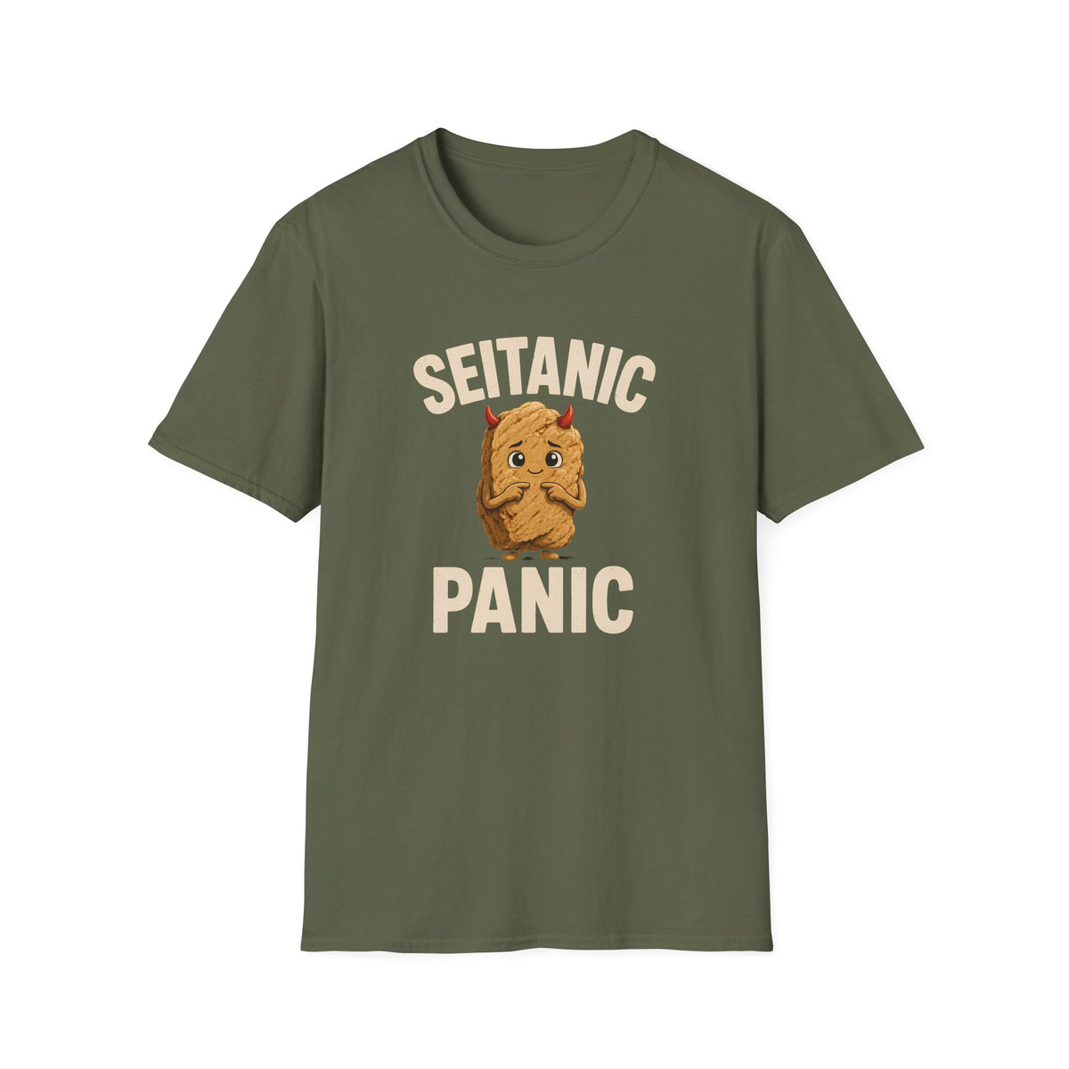 Green t-shirt with 'Seitanic Panic' graphic design on a white background