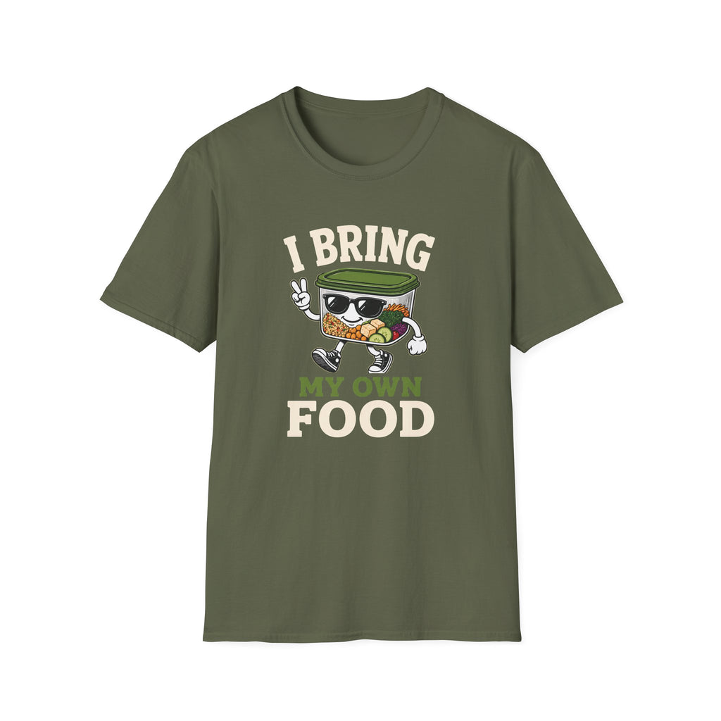 Military green  short-sleeve crewneck t-shirt featuring a cartoon graphic of a bowl of ramen wearing sunglasses and waving, with the text 'I BRING MY OWN FOOD' printed on the front.