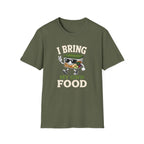 Military green  short-sleeve crewneck t-shirt featuring a cartoon graphic of a bowl of ramen wearing sunglasses and waving, with the text 'I BRING MY OWN FOOD' printed on the front.