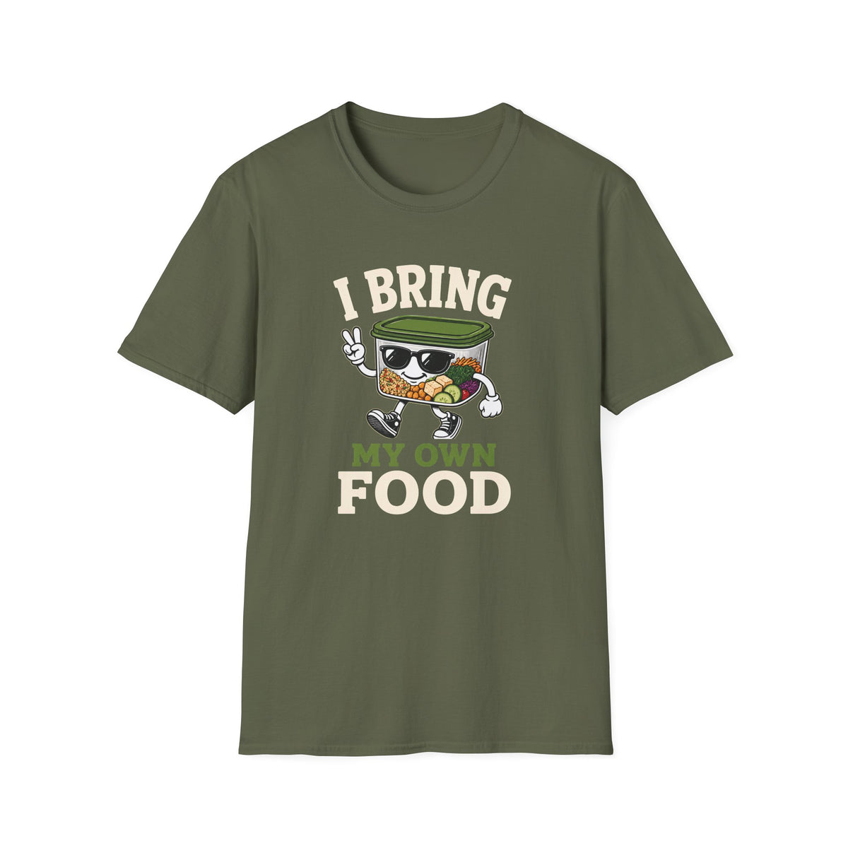 Military green  short-sleeve crewneck t-shirt featuring a cartoon graphic of a bowl of ramen wearing sunglasses and waving, with the text 'I BRING MY OWN FOOD' printed on the front.