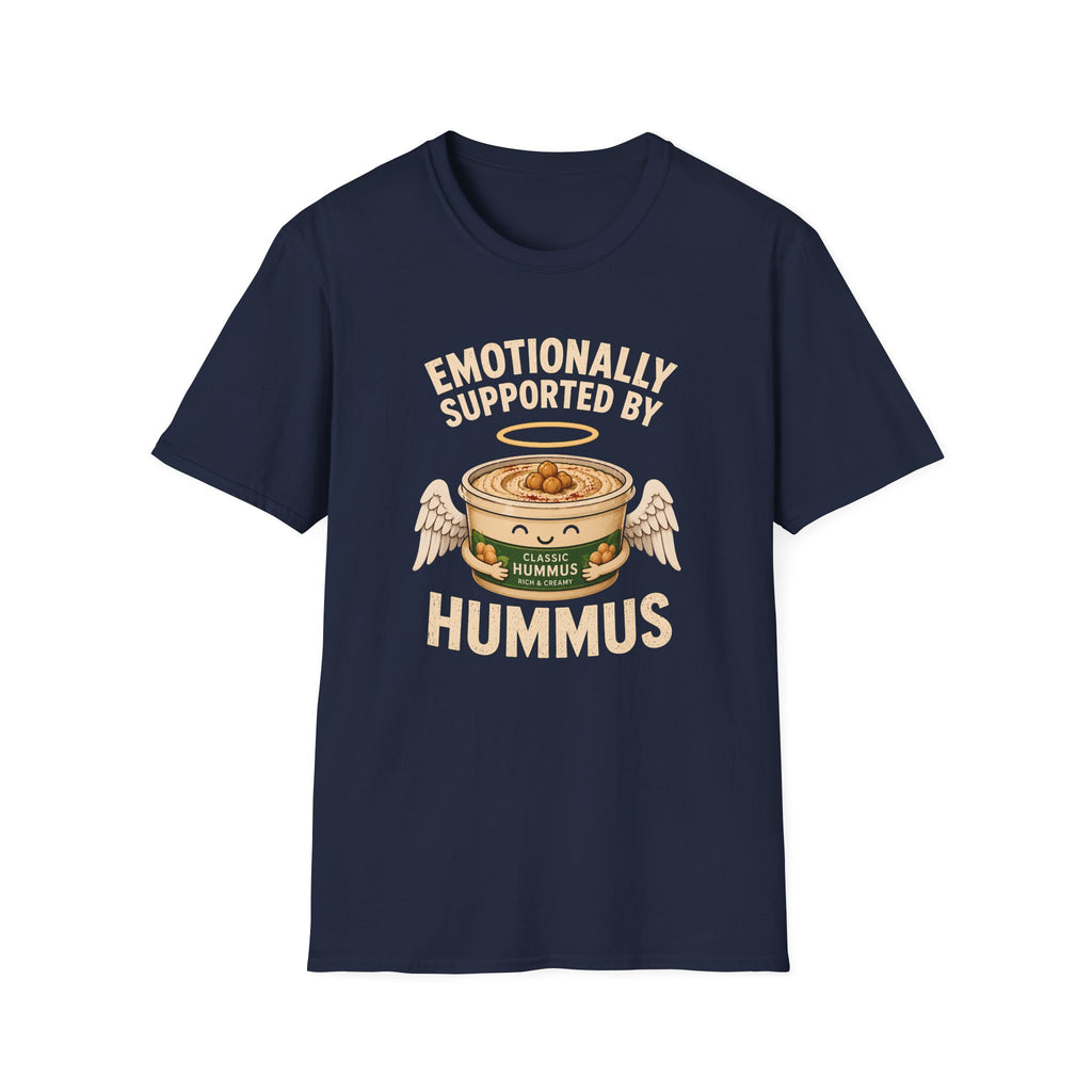 Navy graphic t-shirt with an image of a tub of hummus and text 'emotionally supported by hummus' on a wooden board with jeans and sneakers