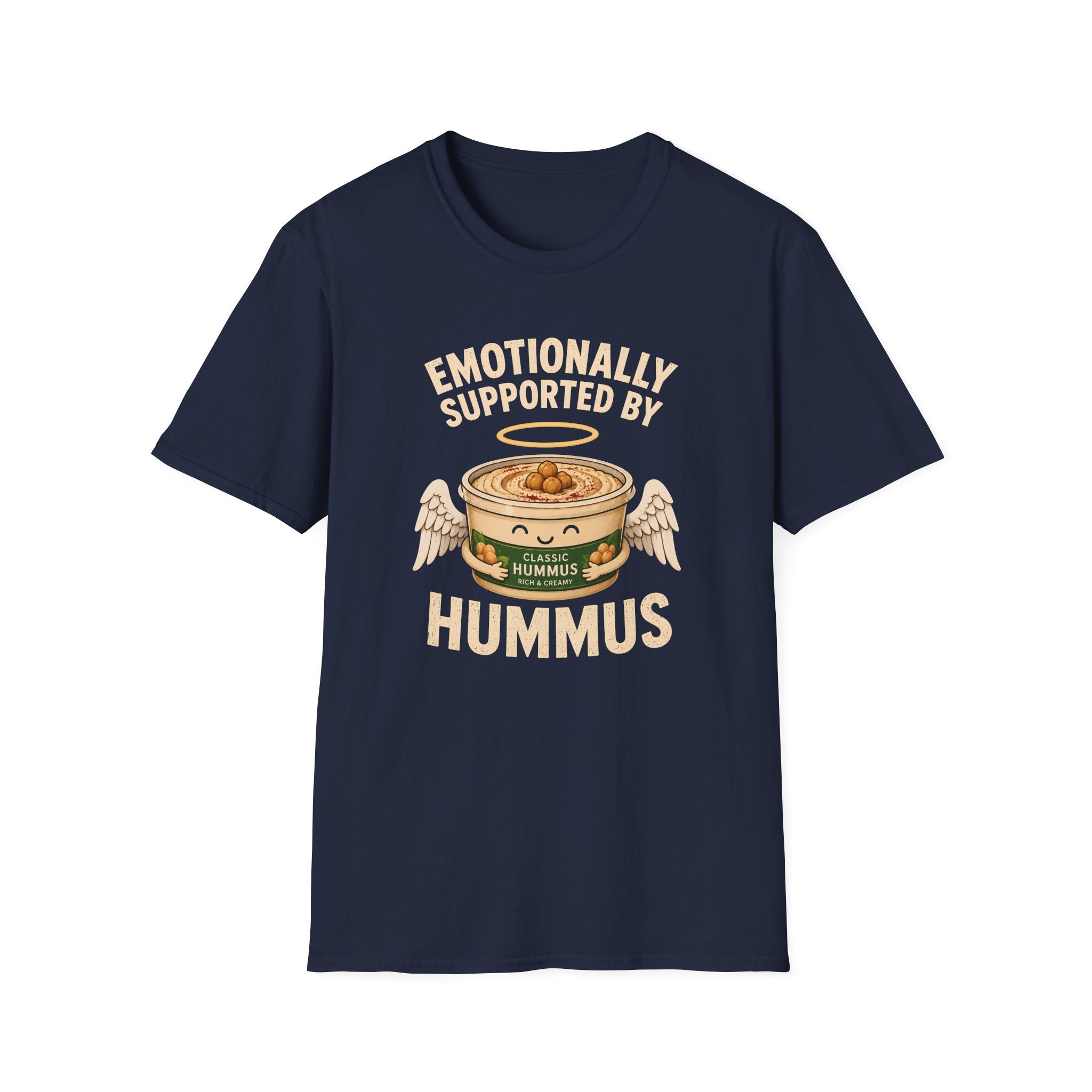 Navy graphic t-shirt with an image of a tub of hummus and text 'emotionally supported by hummus' on a wooden board with jeans and sneakers