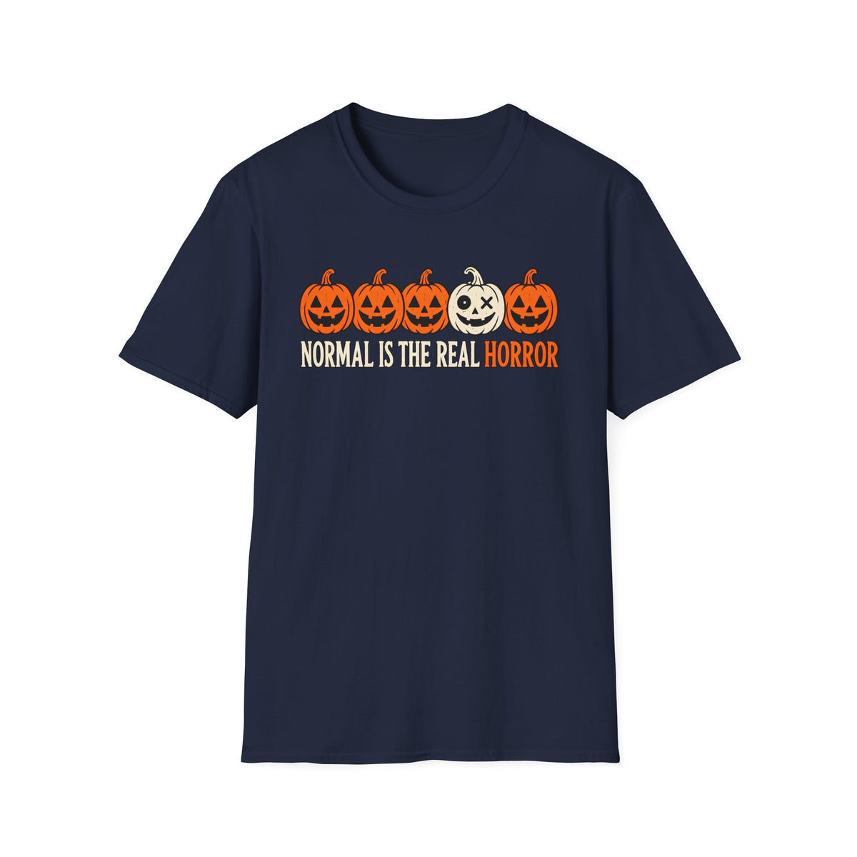 Navy Graphic T-shirt design featuring five jack-o’-lanterns, with one white mismatched pumpkin standing out from four orange pumpkins, above the words “Normal Is the Real Horror.”