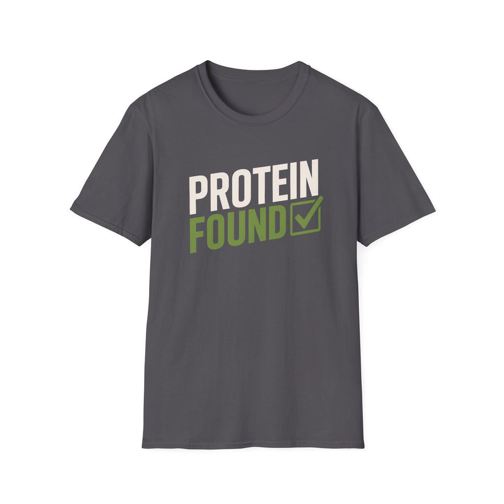A dark gray crewneck t-shirt with a graphic on the chest that reads 'PROTEIN FOUND' in white and green, with a checkmark inside a green box, shown on a plain white background.