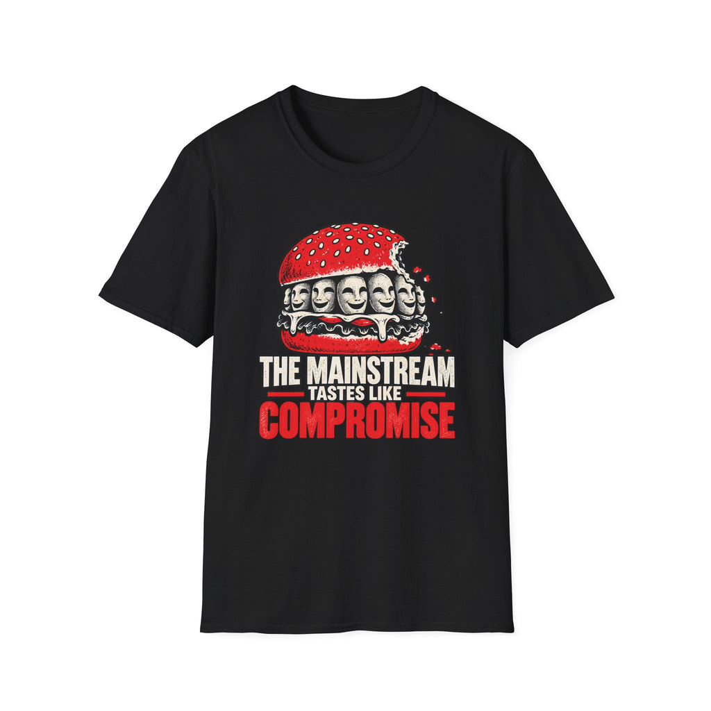 A black short-sleeve crewneck t-shirt featuring a graphic of a burger with teeth and the text 'THE MAINSTREAM TASTES LIKE COMPROMISE' in white and red, displayed on a solid white background.