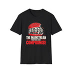 A black short-sleeve crewneck t-shirt featuring a graphic of a burger with teeth and the text 'THE MAINSTREAM TASTES LIKE COMPROMISE' in white and red, displayed on a solid white background.
