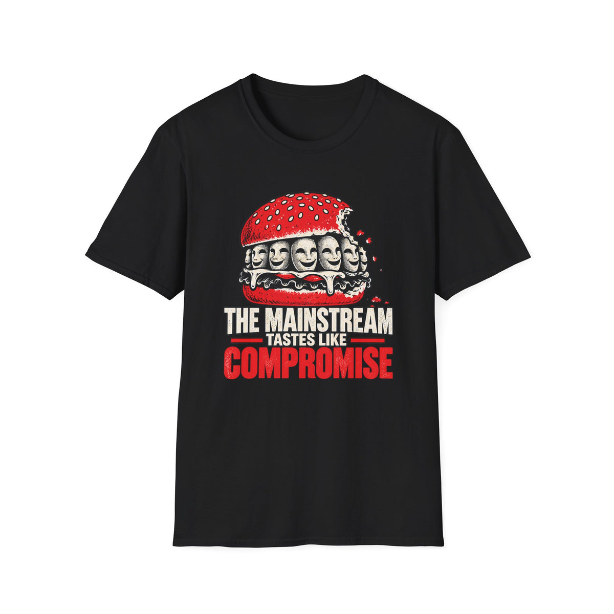 A black short-sleeve crewneck t-shirt featuring a graphic of a burger with teeth and the text 'THE MAINSTREAM TASTES LIKE COMPROMISE' in white and red, displayed on a solid white background.