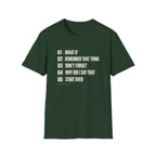 Green  graphic T-shirt design with cream numbered text reading What If, Remember That Thing, Don’t Forget, Why Did I Say That and Start Over, with Thought Queue underneath.