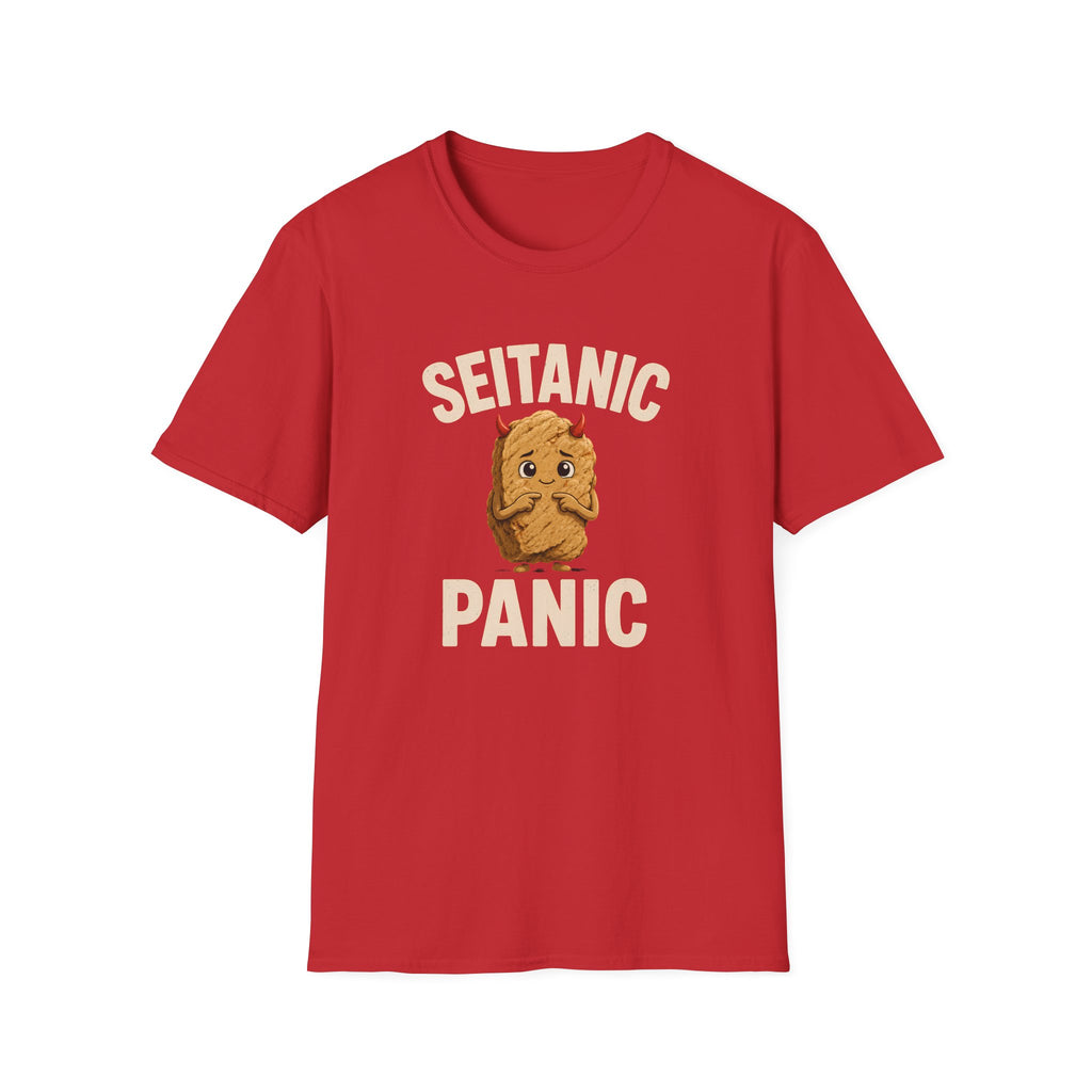 Red t-shirt with 'Seitanic Panic' text and seitan graphic on a white background