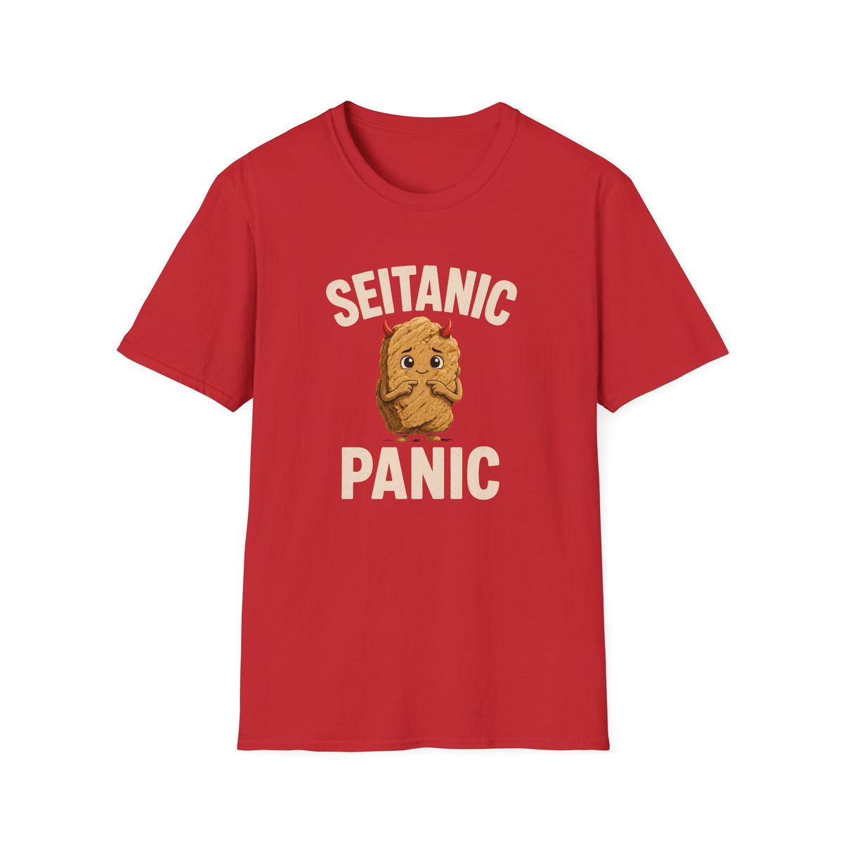 Red t-shirt with 'Seitanic Panic' text and seitan graphic on a white background