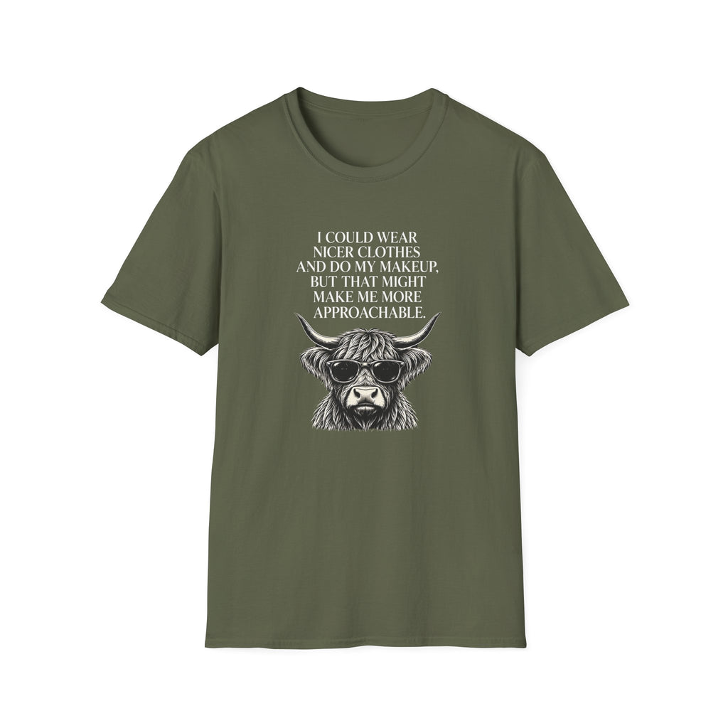 Funny introvert T-shirt design featuring a Highland cow wearing sunglasses, black vintage-style illustration, and the quote "I could wear nicer clothes and do my makeup, but that might make me more approachable."