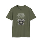 Funny introvert T-shirt design featuring a Highland cow wearing sunglasses, black vintage-style illustration, and the quote "I could wear nicer clothes and do my makeup, but that might make me more approachable."