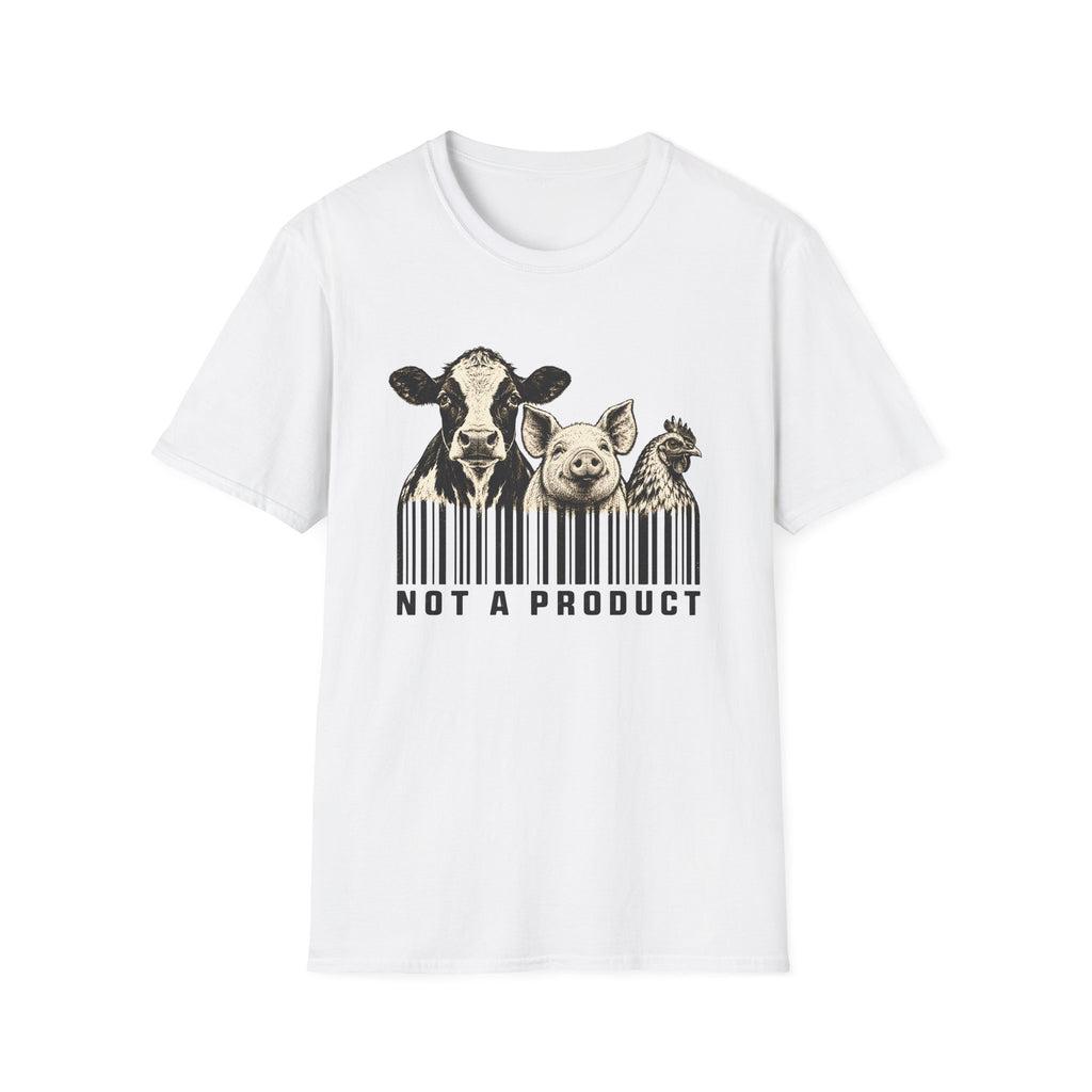 White vegan t-shirt Black and cream graphic featuring a cow, pig and chicken emerging from vertical barcode lines above the words “Not A Product.”