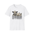 White vegan t-shirt Black and cream graphic featuring a cow, pig and chicken emerging from vertical barcode lines above the words “Not A Product.”