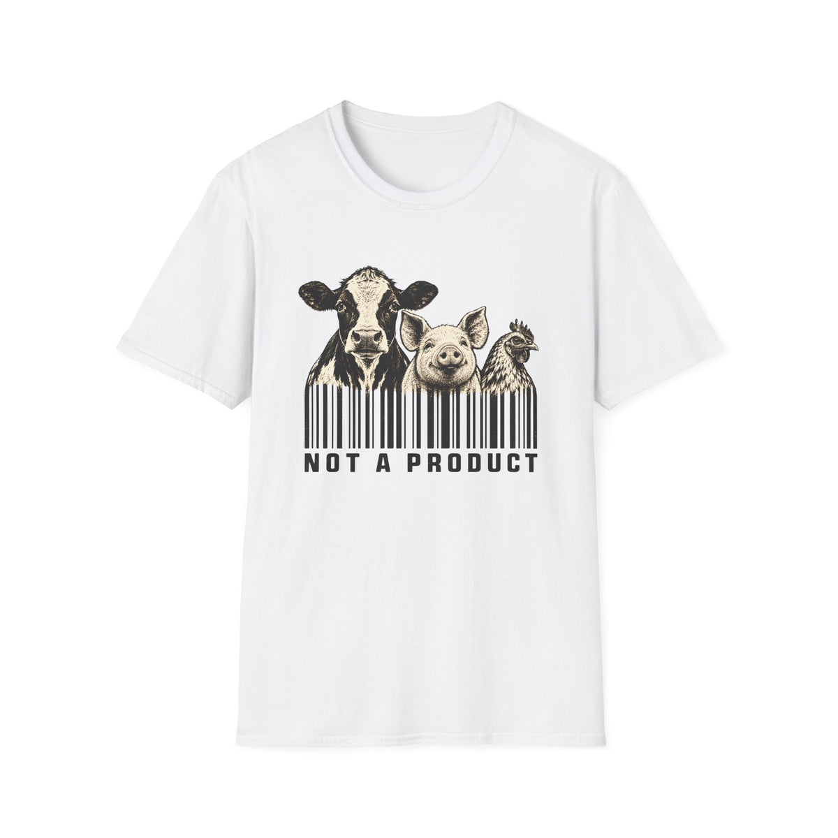 White vegan t-shirt Black and cream graphic featuring a cow, pig and chicken emerging from vertical barcode lines above the words “Not A Product.”