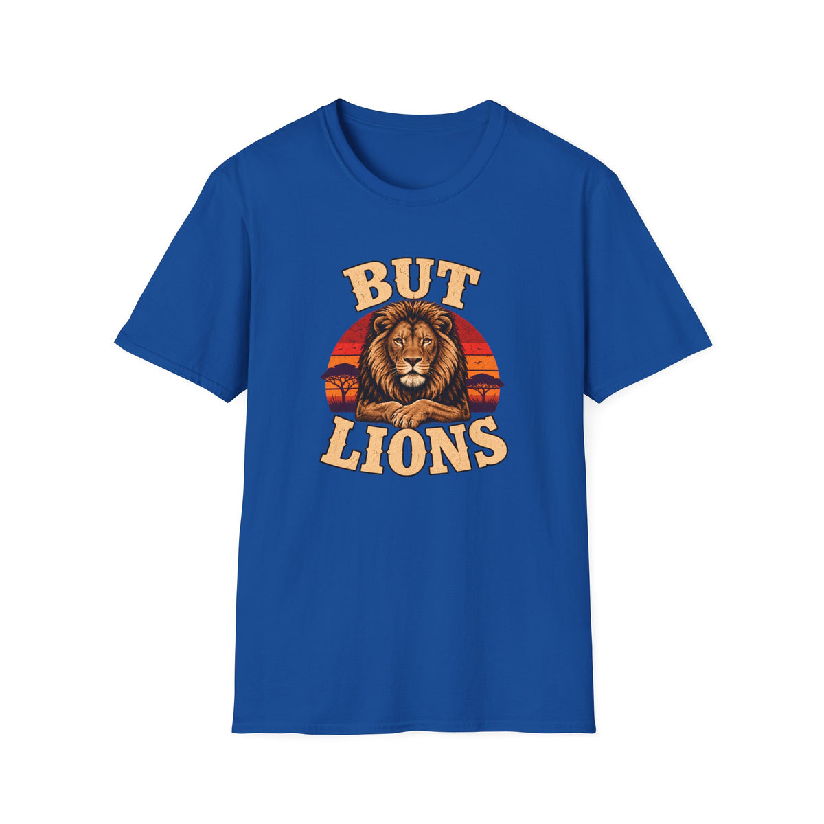 A royal blue short-sleeve crewneck t-shirt featuring a retro-style graphic of a lion with the text 'BUT LIONS' in a warm beige and orange gradient, set against a plain white background.