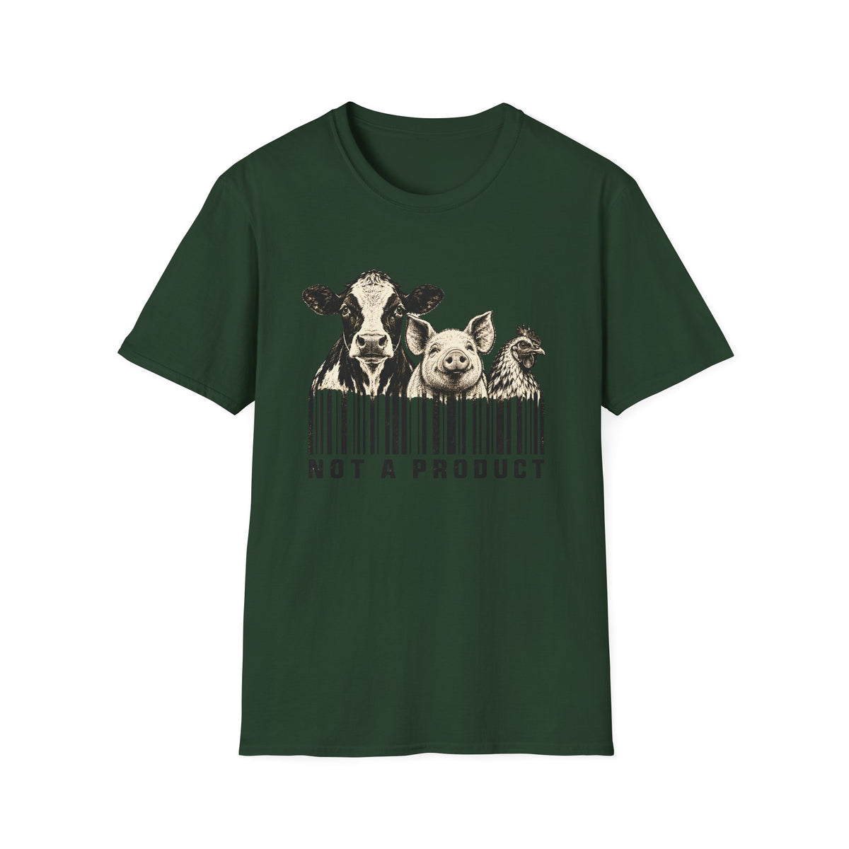 Green vegan t-shirt Black and cream graphic featuring a cow, pig and chicken emerging from vertical barcode lines above the words “Not A Product.”