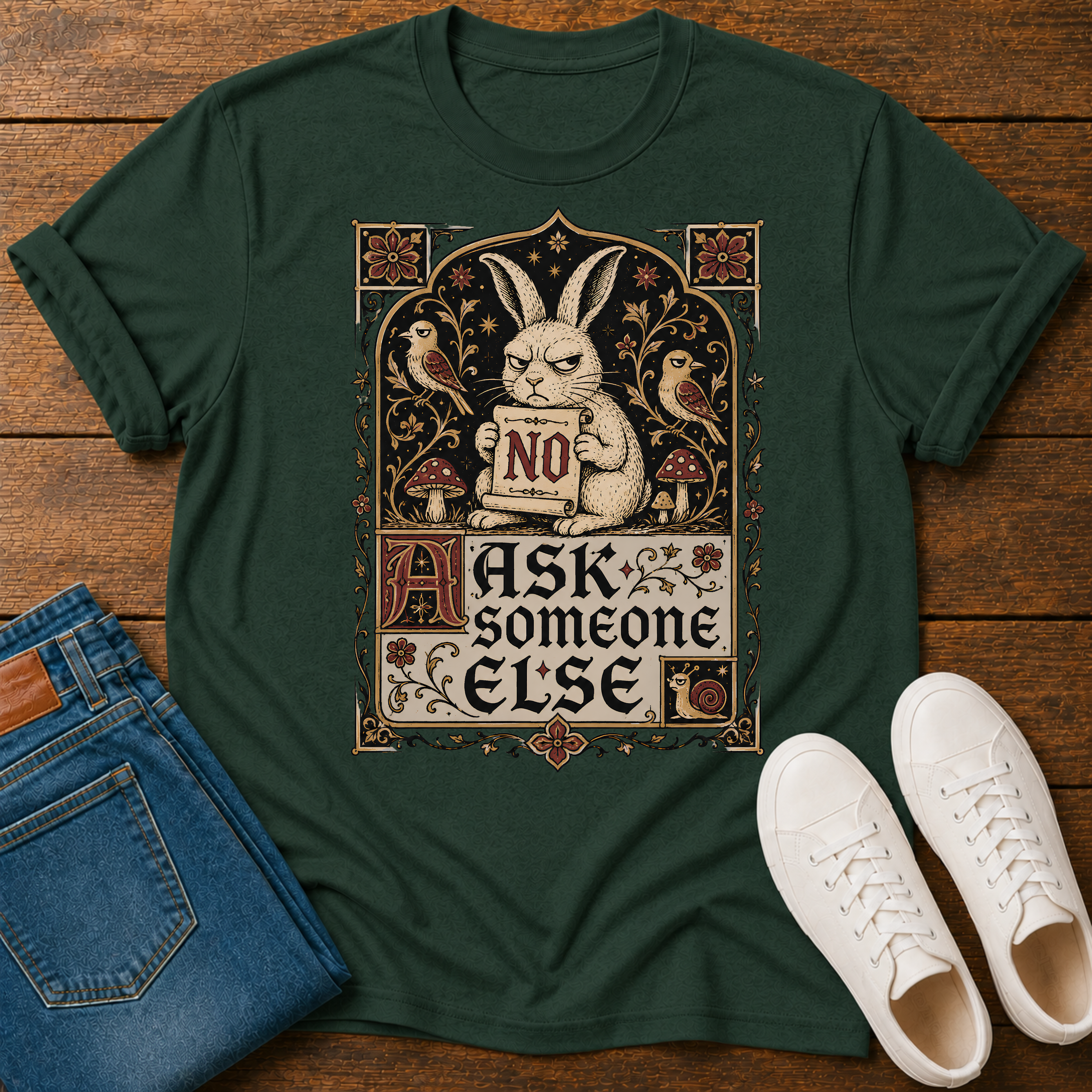 A dark green graphic t-shirt laid flat on a wooden surface, styled with folded blue jeans and a pair of white sneakers. The t-shirt features a detailed vintage-style illustration of a rabbit holding a sign that says 'NO' with the text 'ASK someone ELSE' below it.