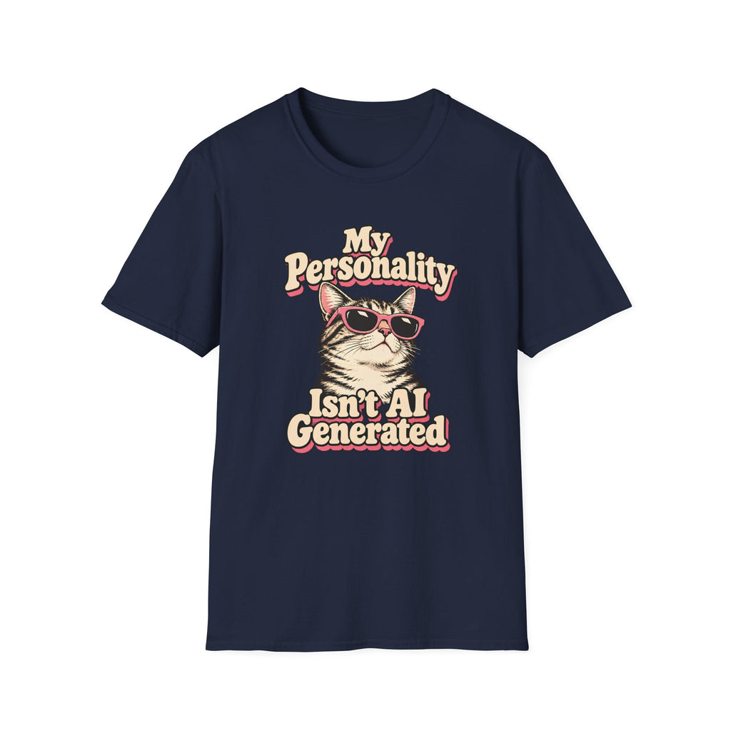 Retro graphic T-shirt design featuring a cool cat in pink sunglasses with the words “My Personality Isn’t AI Generated” in cream and pink lettering.