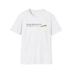 A white short-sleeve crewneck t-shirt with a graphic on the chest that reads 'TOO WEAK FROM LACK OF B12 TO FINISH THIS SLOGAN' in black text next to a small yellow and pink pencil illustration, shown on a plain white background.