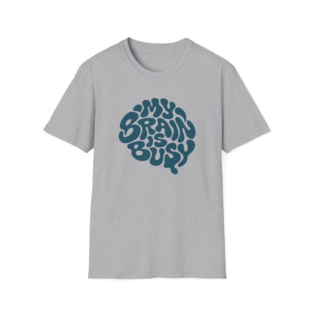 grey Retro teal graphic design with the words “My Brain Is Busy” shaped into the outline of a human brain on a plain background.