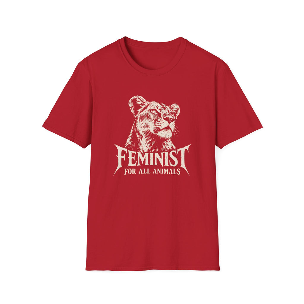 A red short-sleeve crewneck t-shirt featuring a white graphic print of a lioness head with the text 'FEMINIST FOR ALL ANIMALS' printed below it, displayed on a solid white background.
