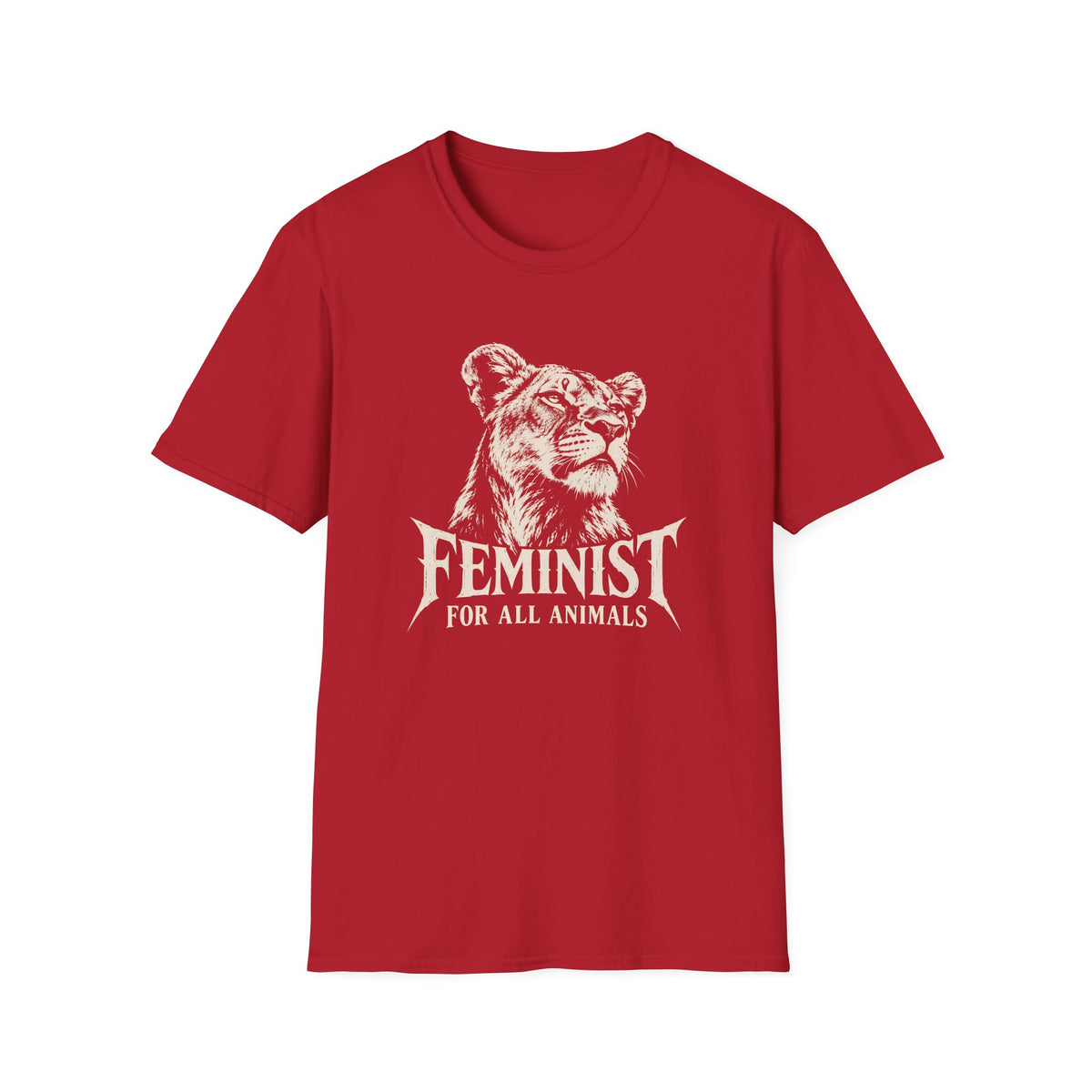 A red short-sleeve crewneck t-shirt featuring a white graphic print of a lioness head with the text 'FEMINIST FOR ALL ANIMALS' printed below it, displayed on a solid white background.