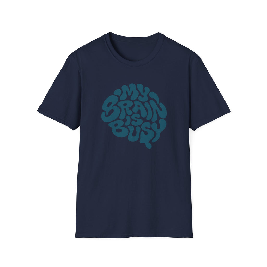 navy blue Retro teal graphic design with the words “My Brain Is Busy” shaped into the outline of a human brain on a plain background.