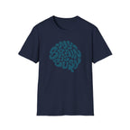 navy blue Retro teal graphic design with the words “My Brain Is Busy” shaped into the outline of a human brain on a plain background.