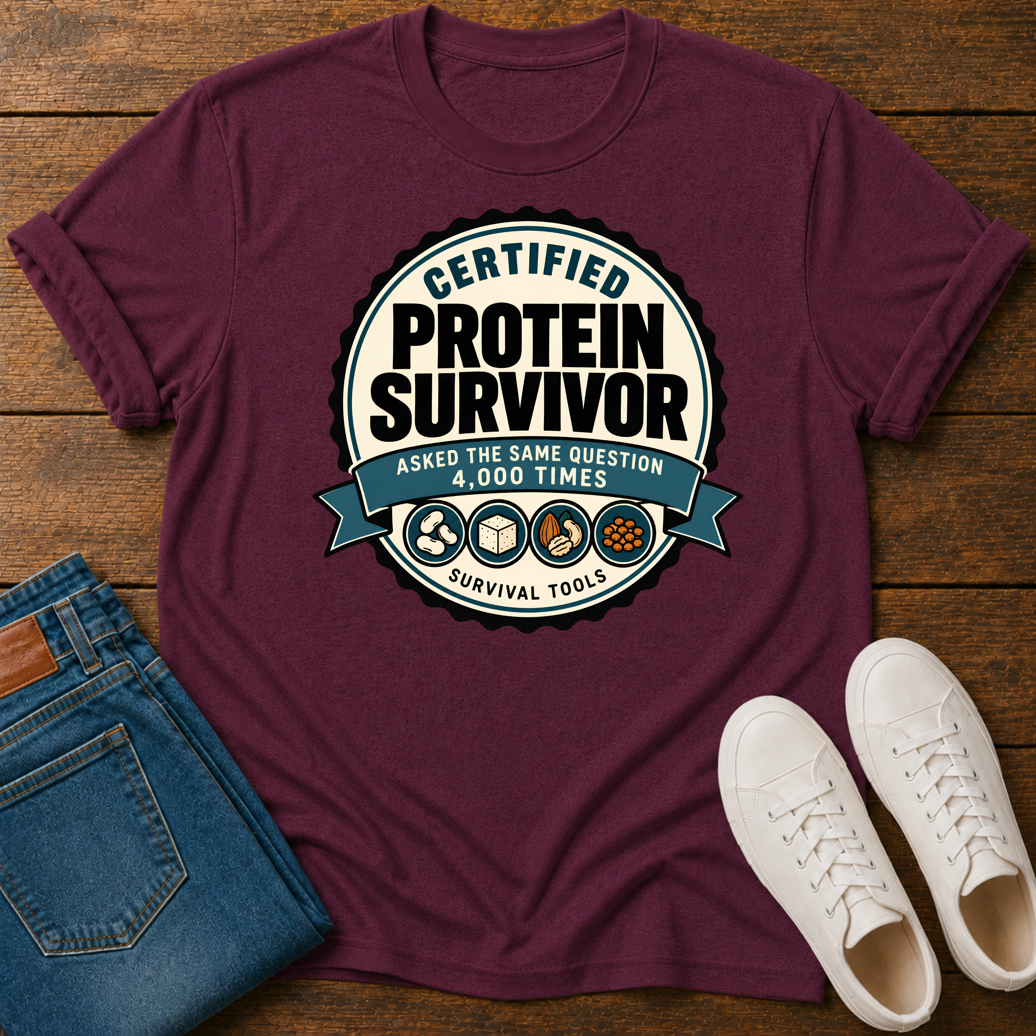 Retro badge style graphic reading "Certified Protein Survivor" with the words "Asked the Same Question 4,000 Times" and icons representing beans, tofu, nuts, and lentils.