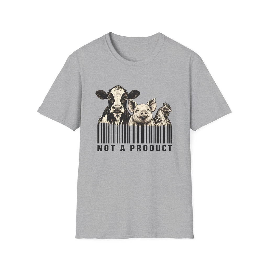 Grey vegan t-shirt Black and cream graphic featuring a cow, pig and chicken emerging from vertical barcode lines above the words “Not A Product.”