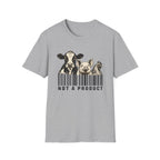 Grey vegan t-shirt Black and cream graphic featuring a cow, pig and chicken emerging from vertical barcode lines above the words “Not A Product.”