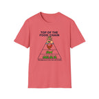 Pink t-shirt with a food chain graphic and text on a white background