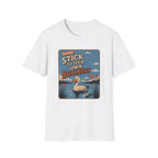 A white short-sleeve crewneck t-shirt featuring a vintage-style graphic print on the front. The graphic shows a duck in a pond with the text 'PLEASE STICK TO YOUR OWN BUSINESS' in a retro orange and beige font.