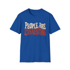 Royal blue t-shirt with Distressed retro typography design reading “People Are Exhausting” in cream and burnt orange with drooping, tired-looking letterforms.