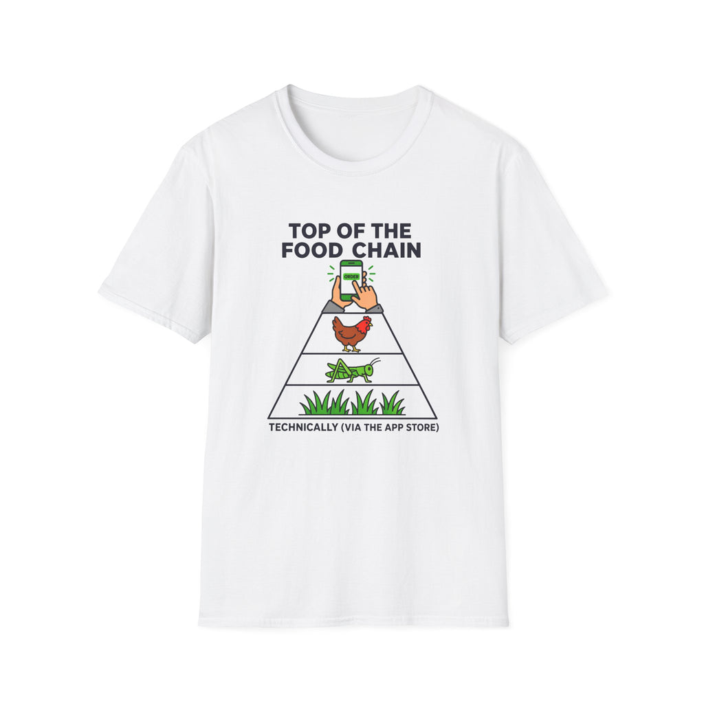 White t-shirt with a graphic of a food chain and text on a white background