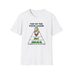 White t-shirt with a graphic of a food chain and text on a white background