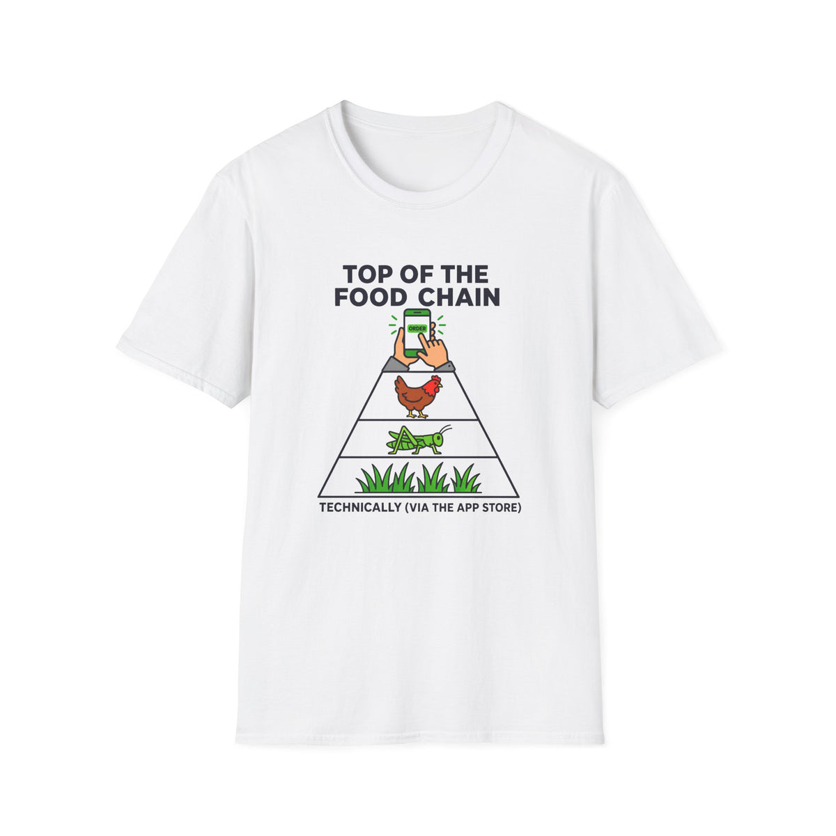 White t-shirt with a graphic of a food chain and text on a white background