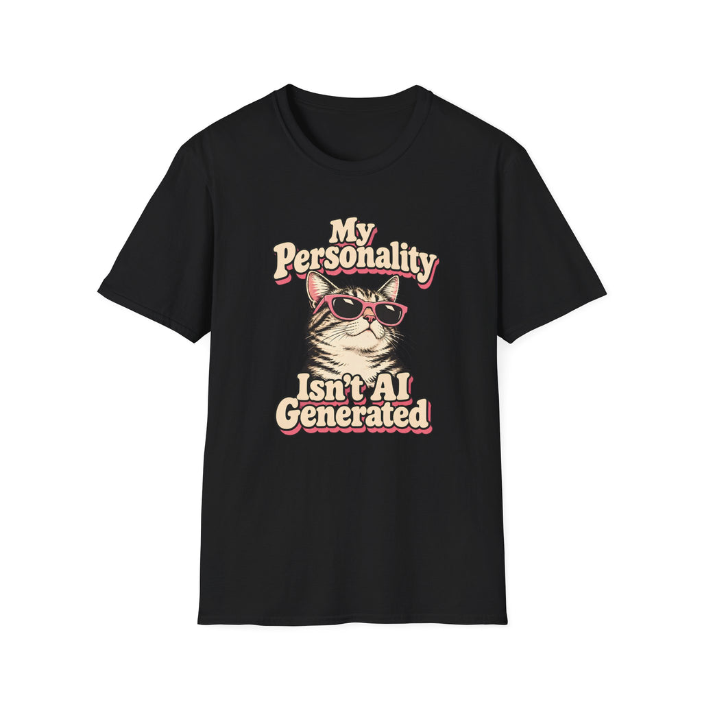 Retro graphic T-shirt design featuring a cool cat in pink sunglasses with the words “My Personality Isn’t AI Generated” in cream and pink lettering.