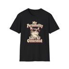 Retro graphic T-shirt design featuring a cool cat in pink sunglasses with the words “My Personality Isn’t AI Generated” in cream and pink lettering.
