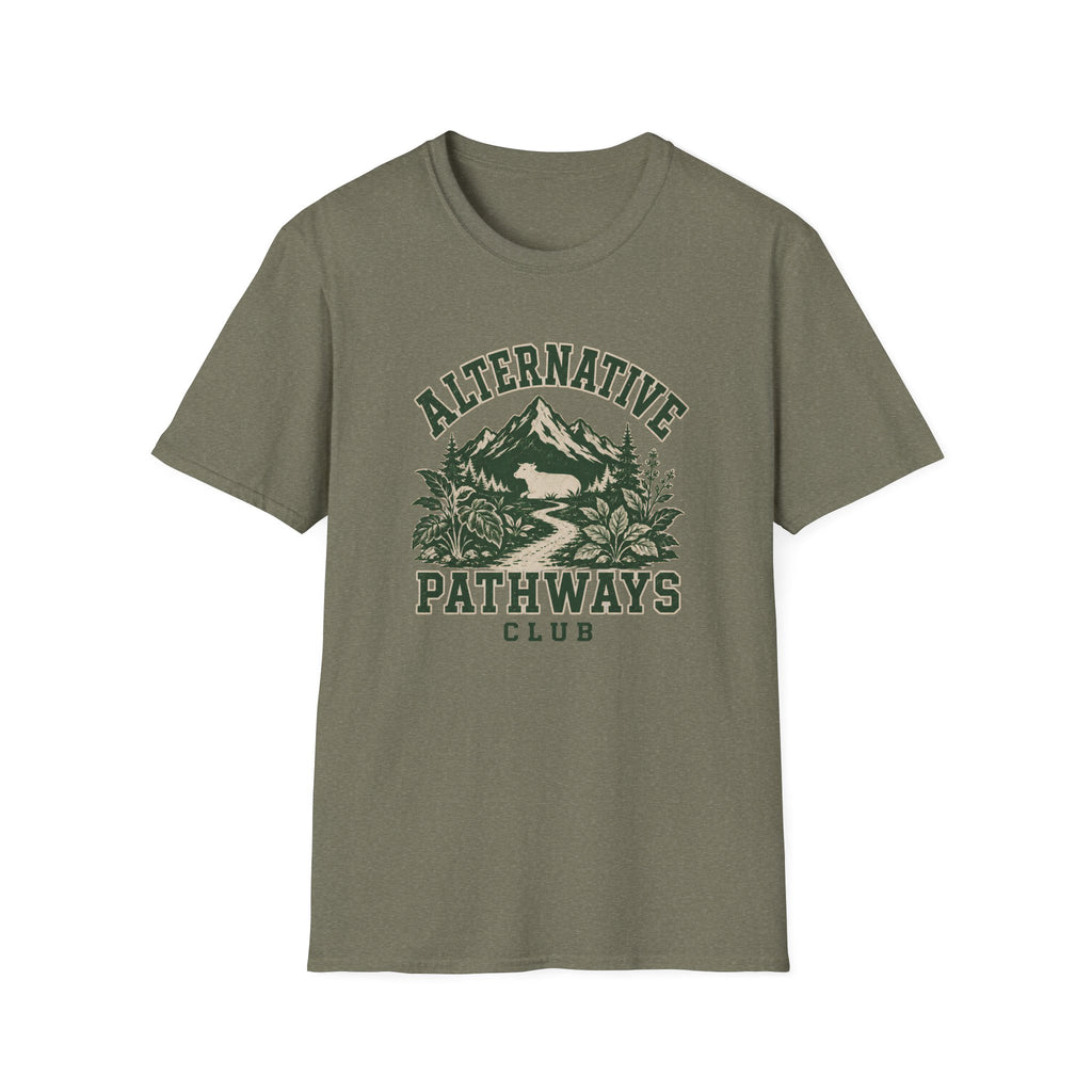 Heather green short-sleeve crewneck t-shirt featuring a distressed dark green graphic on the front with the text 'ALTERNATIVE PATHWAYS CLUB' and an illustration of a mountain, trees, and a winding path.