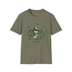 Heather green short-sleeve crewneck t-shirt featuring a distressed dark green graphic on the front with the text 'ALTERNATIVE PATHWAYS CLUB' and an illustration of a mountain, trees, and a winding path.
