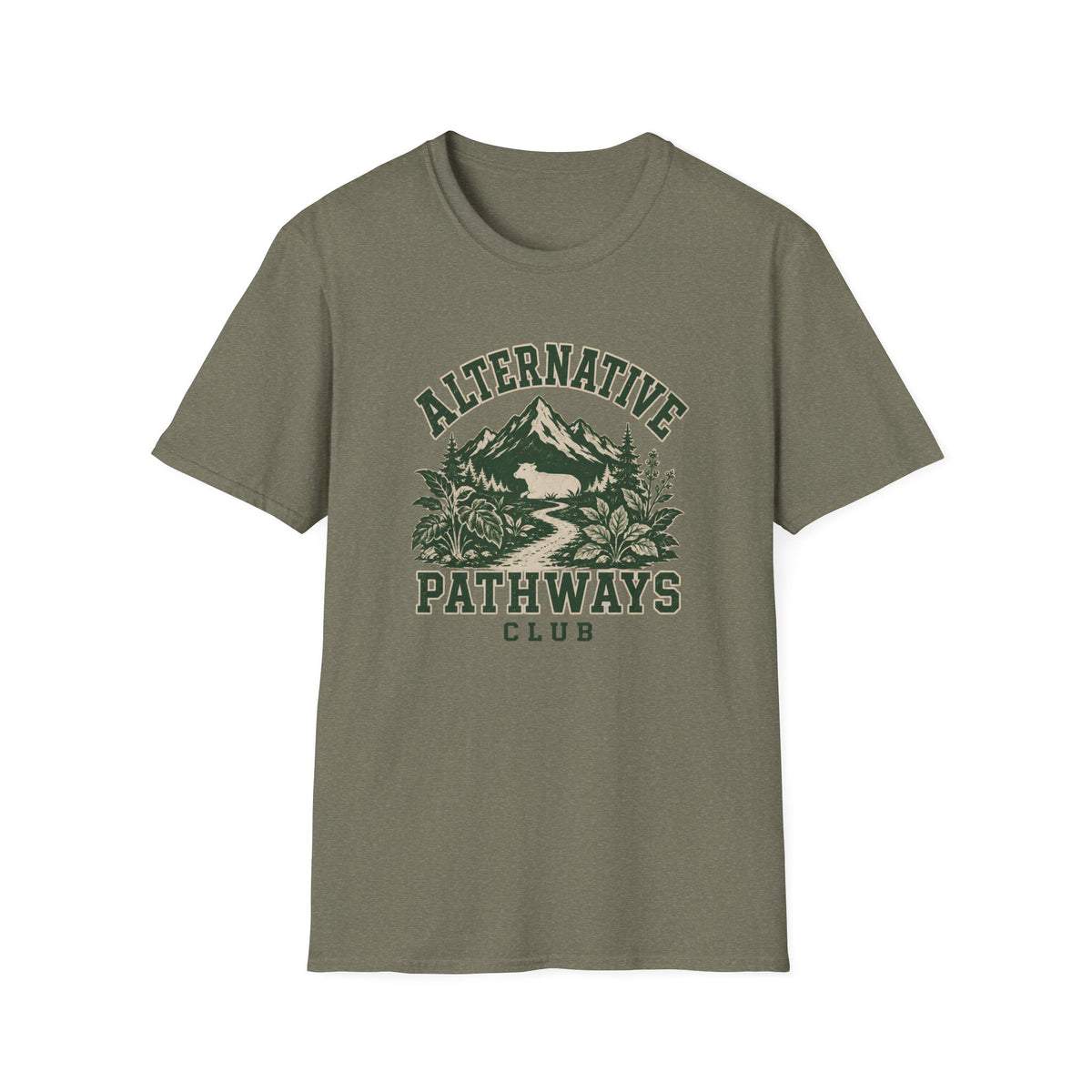 Heather green short-sleeve crewneck t-shirt featuring a distressed dark green graphic on the front with the text 'ALTERNATIVE PATHWAYS CLUB' and an illustration of a mountain, trees, and a winding path.