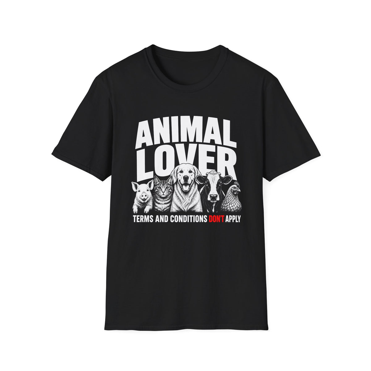 Black vegan t-shirt with animal graphic and text 'animal lover terms and conditions don't apply'