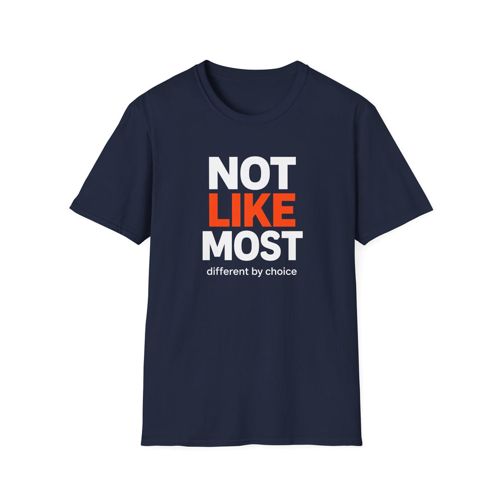 Navy blue t-shirt with 'Not Like Most, different by choice' text on a white background